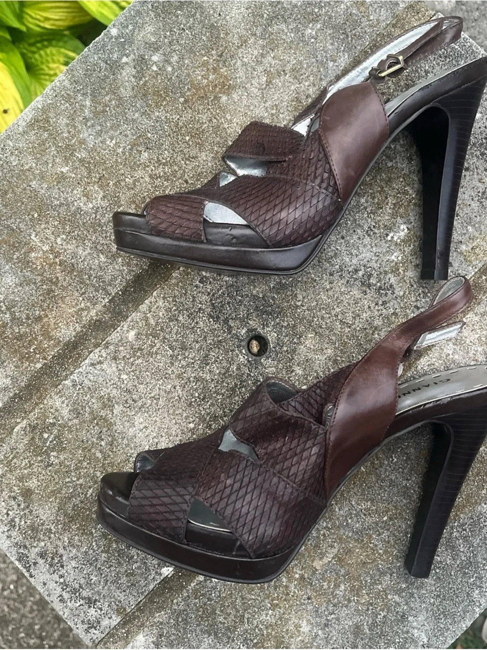 Gianni Bini Brown Snakeskin Leather Platform Slingback Peep Toe Heels Pumps Sz 7
